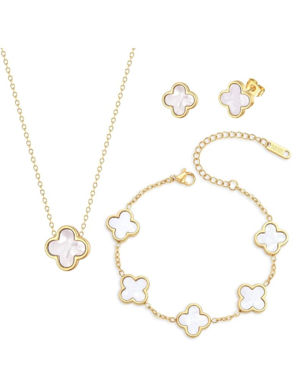 Elegant Clover Jewelry Set: Necklace, Bracelet & Stud Earrings for Women